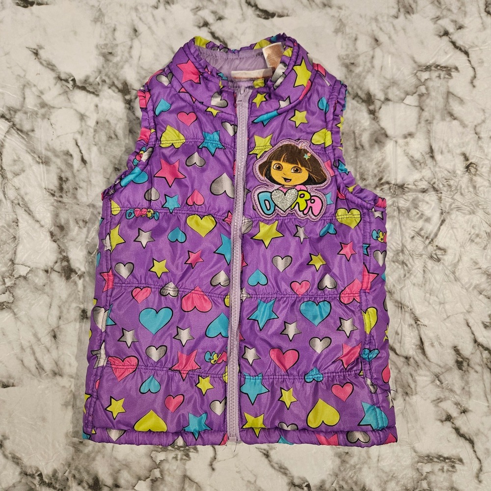 Kids Dora the Explorer Puffer Vest Purple Hearts Stars Nickelodeon Size 5